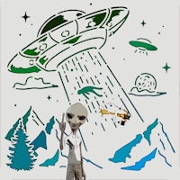 a man is standing in front of an alien spaceship